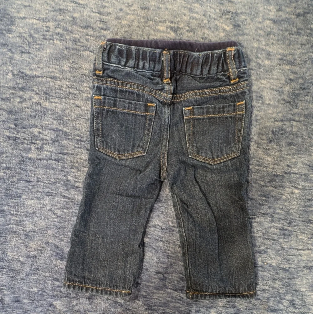 GAP 6-9M Plaid Shirt, Dinosaur Onesie, and Denim Jeans Set